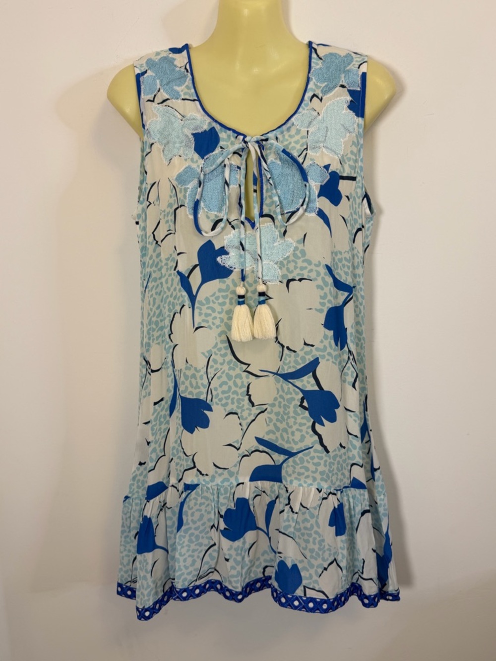 TAJ Silva Blue Wild Tulips Embroidered Silk Dress